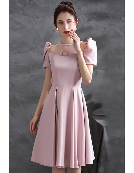 Cute Pink Satin Short Homecoming Dress with Bubble Sleeves