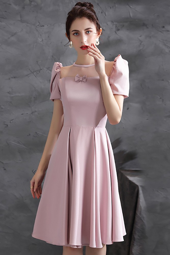 Cute Pink Satin Short Homecoming Dress with Bubble Sleeves Wholesale # ...