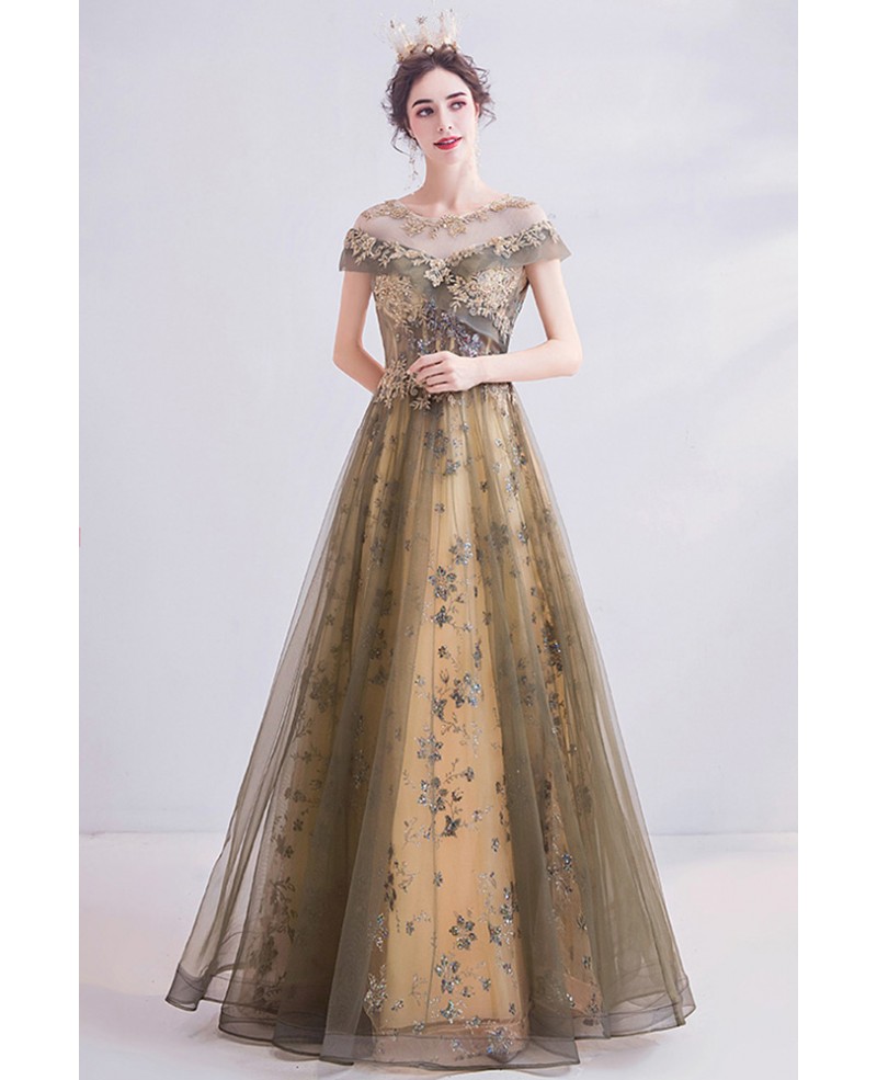 Fantasy Bling Sequins Ball Gown Prom Dress with Illusion Cap Sleeves ...