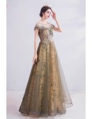 Fantasy Bling Sequins Ball Gown Prom Dress with Illusion Cap Sleeves