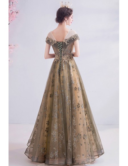 Fantasy Bling Sequins Ball Gown Prom Dress with Illusion Cap Sleeves