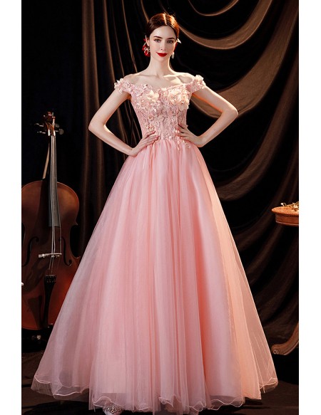 Pink Ballgown Tulle Lovely Prom Dress Off Shoulder with Flowers