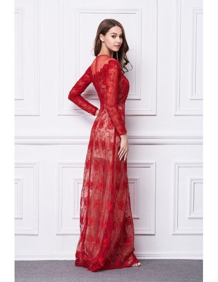 Elegant A-Line Red Lace Floor-Length Evening Dress With Long Sleeves