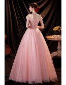 Pink Ballgown Tulle Lovely Prom Dress Off Shoulder with Flowers
