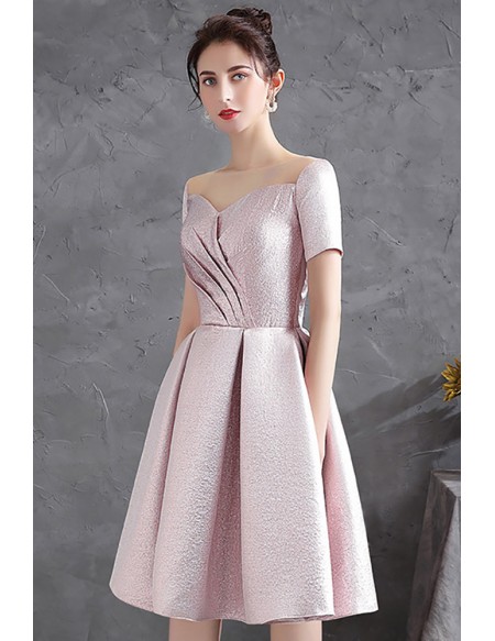 Pleated Pink Modest Short Party Homecoming Dress with Short Sleeves