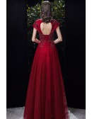 Burgundy Long Tulle Aline Formal Dress with Sequined Cap Sleeves