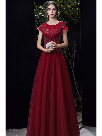 Burgundy Long Tulle Aline Formal Dress with Sequined Cap Sleeves