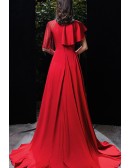 Noble Ruffled Long Red Satin Evening Formal Dress with Train Sequined High Neck