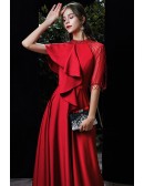 Noble Ruffled Long Red Satin Evening Formal Dress with Train Sequined High Neck