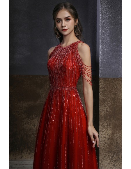 Stunning Red Burgundy Sequined Aline Luxury Prom Dress with Cold Shoulder