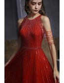 Stunning Red Burgundy Sequined Aline Luxury Prom Dress with Cold Shoulder