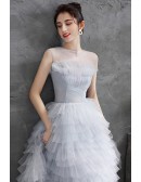 Short Grey Puffy Tulle Prom Homecoming Dress Sleeveless