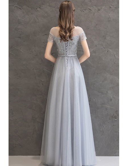 Elegant Grey Tulle Beaded Long Prom Dress with Illusion Neckline Short Sleeves