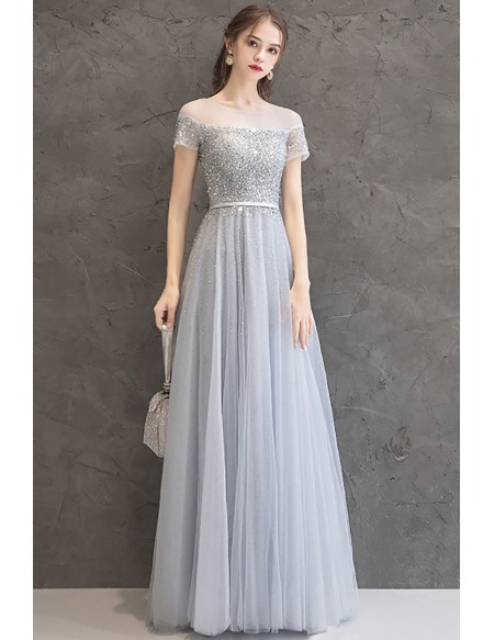 Elegant Grey Tulle Beaded Long Prom Dress with Illusion Neckline Short Sleeves