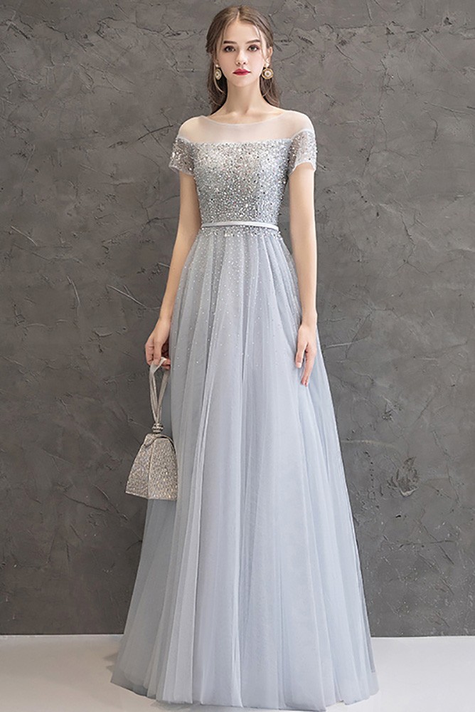 Elegant Grey Tulle Beaded Long Prom Dress with Illusion Neckline Short ...