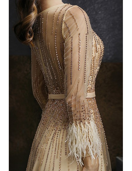 High-end Gold Sequined Long Formal Prom Dress Long Sleeved with Feathers
