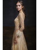 High-end Gold Sequined Long Formal Prom Dress Long Sleeved with Feathers