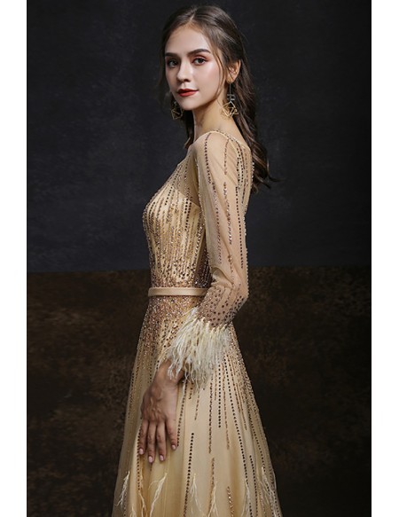 High-end Gold Sequined Long Formal Prom Dress Long Sleeved with ...