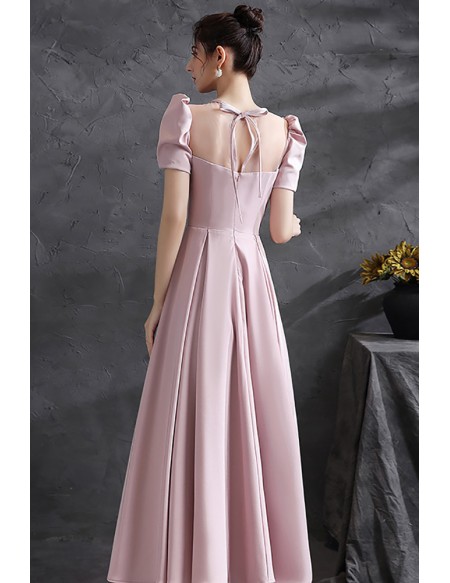 Cute Pink Satin Long Aline Prom Dress with Sheer Neckline Bubble Sleeves