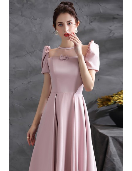 Cute Pink Satin Long Aline Prom Dress with Sheer Neckline Bubble Sleeves