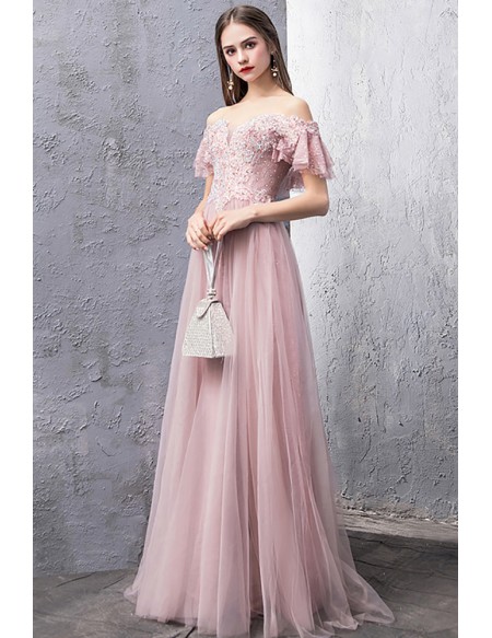 Beautiful Empire Long Pink Tulle Prom Dress Off Shoulder with Beadings