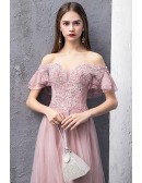 Beautiful Empire Long Pink Tulle Prom Dress Off Shoulder with Beadings