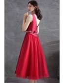 Noble Red Satin Sleeveless Tea Length Formal Dress with Jeweled Sash