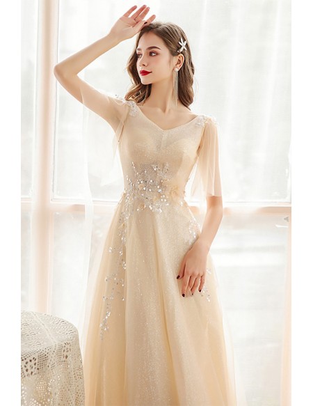 Elegant Vneck Long Champagne Formal Prom Dress Sequined with Puffy Sleeves