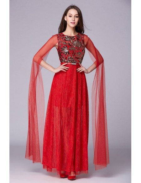 Chic A-Line Embroided Lace Long Prom Dress With Ruffle
