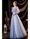 Fairytale Blue Tulle Flowy Prom Dress Aline with Flowers