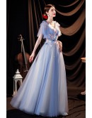 Fairytale Blue Tulle Flowy Prom Dress Aline with Flowers