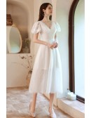 Elegant Ivory Vneck Lace Hoco Wedding Reception Dress with Bubble Sleeves