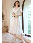 Elegant Ivory Vneck Lace Hoco Wedding Reception Dress with Bubble Sleeves