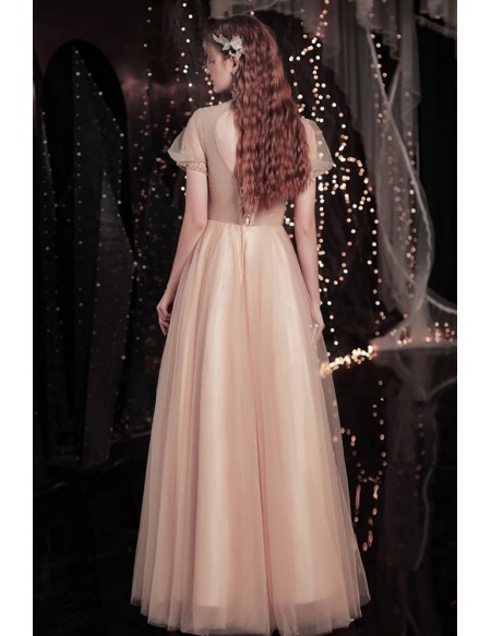 Gorgeous Champagne Gold Sequins Tulle Prom Dress with Sheer Bubble Sleeves