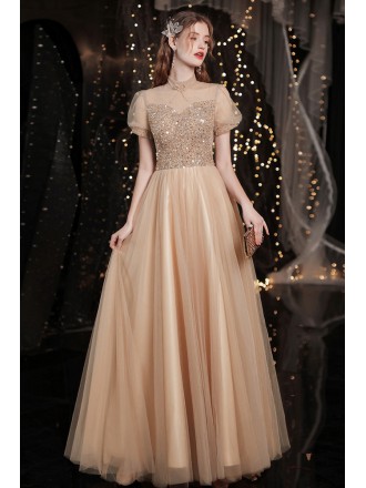 Gorgeous Champagne Gold Sequins Tulle Prom Dress with Sheer Bubble Sleeves