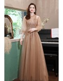 Romantic Brown Tulle Long Prom Dress High Neck with Lantern Sleeves