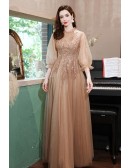 Romantic Brown Tulle Long Prom Dress High Neck with Lantern Sleeves