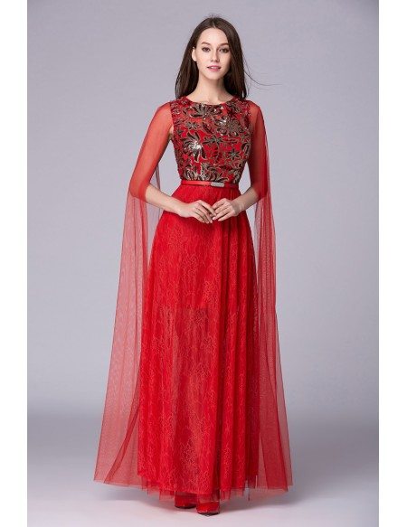 Chic A-Line Embroided Lace Long Prom Dress With Ruffle
