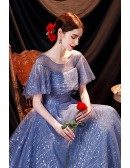 Modest Blue Aline Bling Prom Dress with Illusion Cape Sleeves