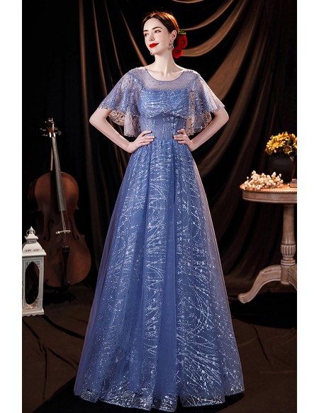 Modest Blue Aline Bling Prom Dress with Illusion Cape Sleeves