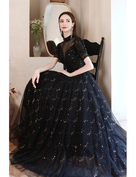 Elegant Long Black Bling Prom Dress High Neck with Sheer Neckline