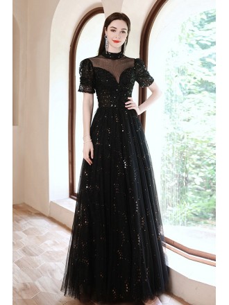 Elegant Long Black Bling Prom Dress High Neck with Sheer Neckline