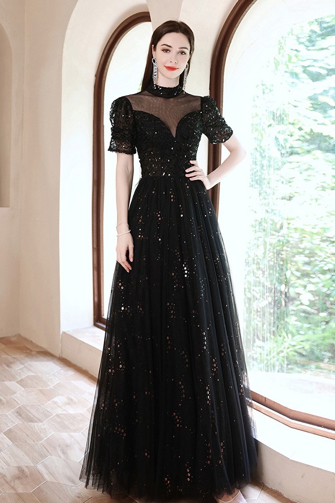 Elegant Long Black Bling Prom Dress High Neck with Sheer Neckline ...