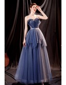 Blue Ballgown Flowy Tulle Strapless Prom Dress For Formal