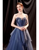 Blue Ballgown Flowy Tulle Strapless Prom Dress For Formal
