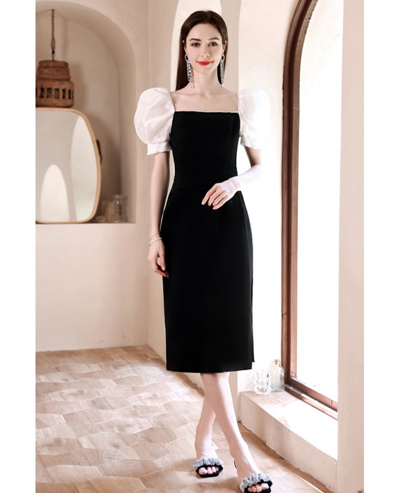 Sheath Little Black Knee Length Hoco Dress Square Neck with Bubble ...