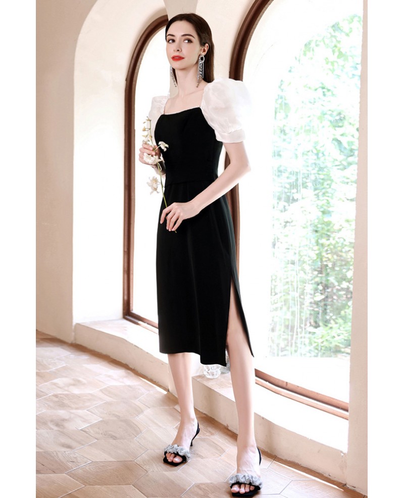 Sheath Little Black Knee Length Hoco Dress Square Neck with Bubble ...