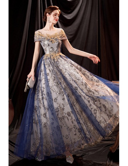 Modest Blue Tulle with Bling Sequins Aline Prom Dress Wholesale #T74121 ...