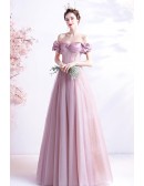 Pretty Pink Off Shoulder Aline Tulle Prom Dress For Teens