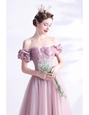 Pretty Pink Off Shoulder Aline Tulle Prom Dress For Teens